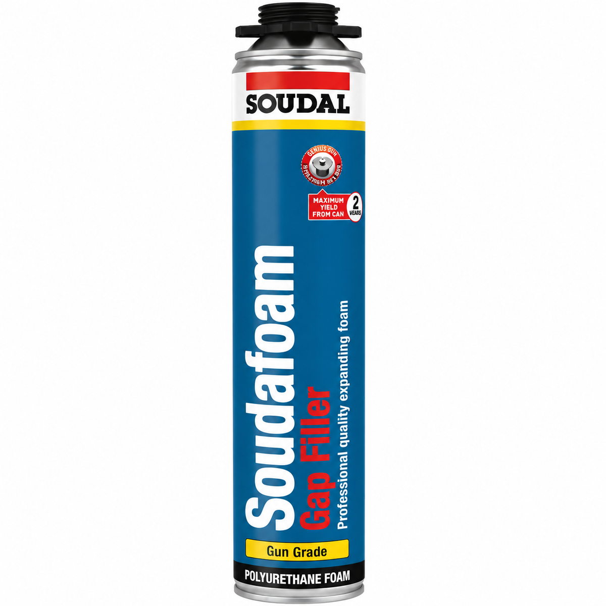 A can of Soudal Soudafoam Gap Filter polyurethane foam, featuring a blue and white label with red and yellow accents, on a solid white background.