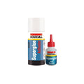 Soudal Superglue activator canister and a bottle of Soudal Superglue High Viscosity adhesive on a plain white background.