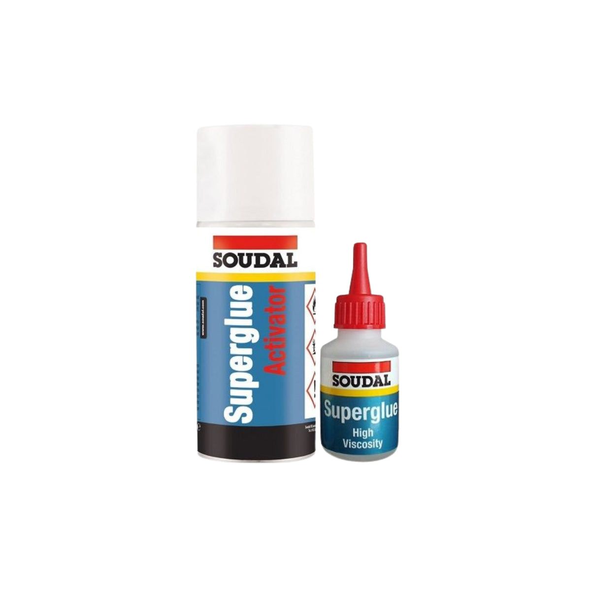 Soudal Superglue activator canister and a bottle of Soudal Superglue High Viscosity adhesive on a plain white background.