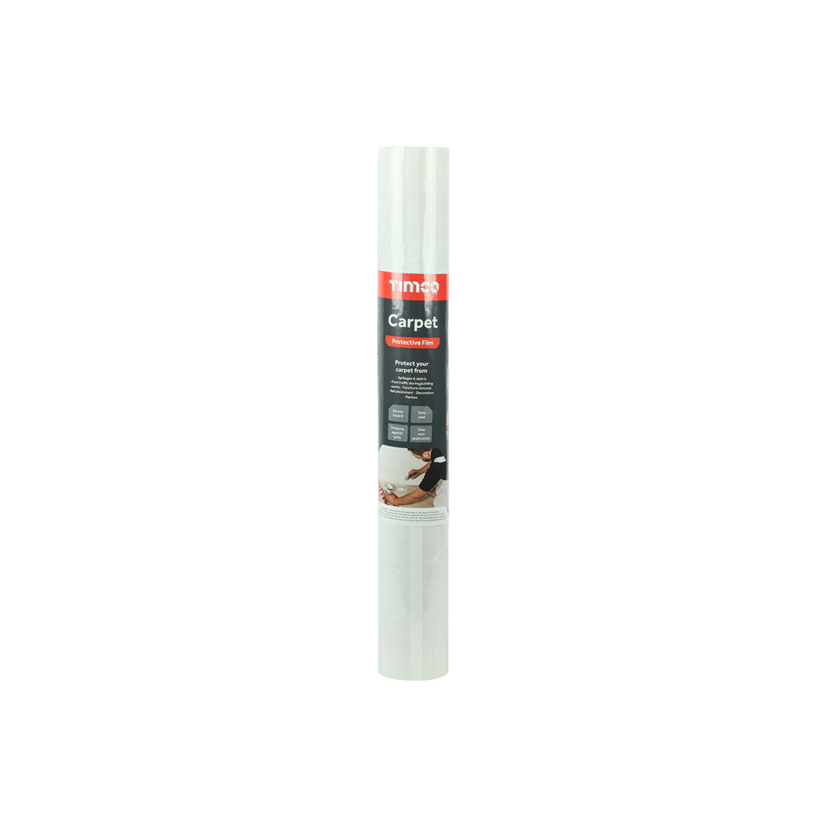 A roll of Temco Carpet Tape, featuring a black and red label with product details, shown against a plain white background.